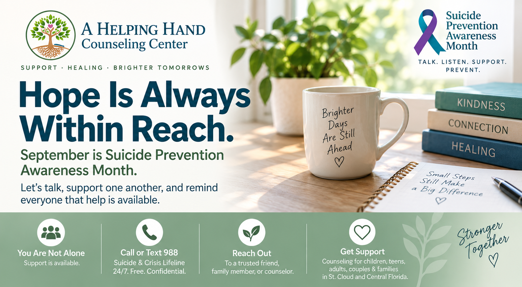 Suicide Prevention Awareness Month graphic from A Helping Hand Counseling Center in St. Cloud, FL, encouraging people to reach out for support and call or text 988.